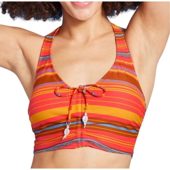 NEW Wild Fable Drawstring Ruched Halter Longline Red Striped Bikini Top S - Picture 1 of 6